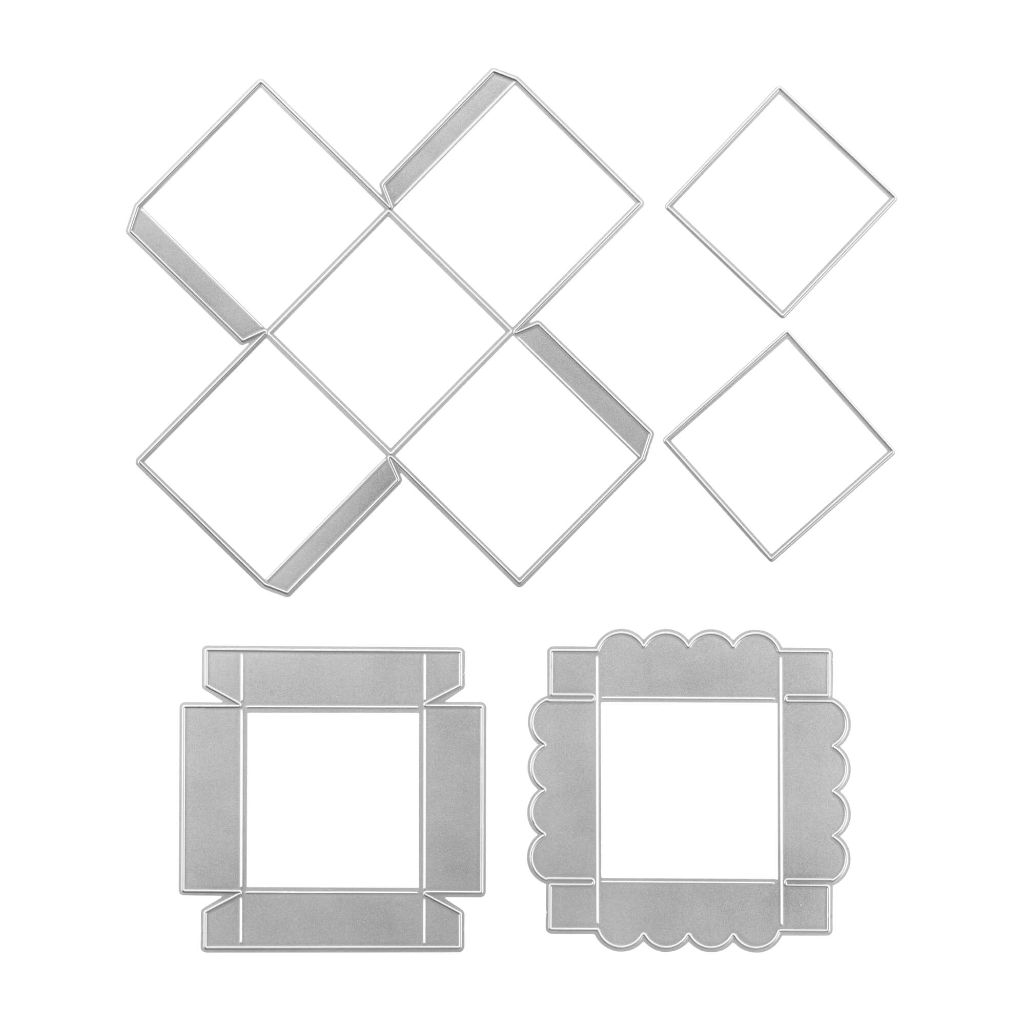 Die Stanzschablone Quadratische Box von Stanzenshop.de enthält quadratische und rechteckige Stanzformen aus Metall mit gezackten und geraden Kanten - ideal zum Basteln von Gastgeschenken oder zum Aufwerten Ihrer Bastelbox.