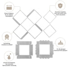 Schema der Stanzschablone Quadratische Box von Stanzenshop.de, einer Metallschablone zum Basteln von Schachteln, mit deutschen Etiketten, die auf Präzision, Haltbarkeit, scharfe Kanten und Stanzmaschinen-Kompatibilität hinweisen.