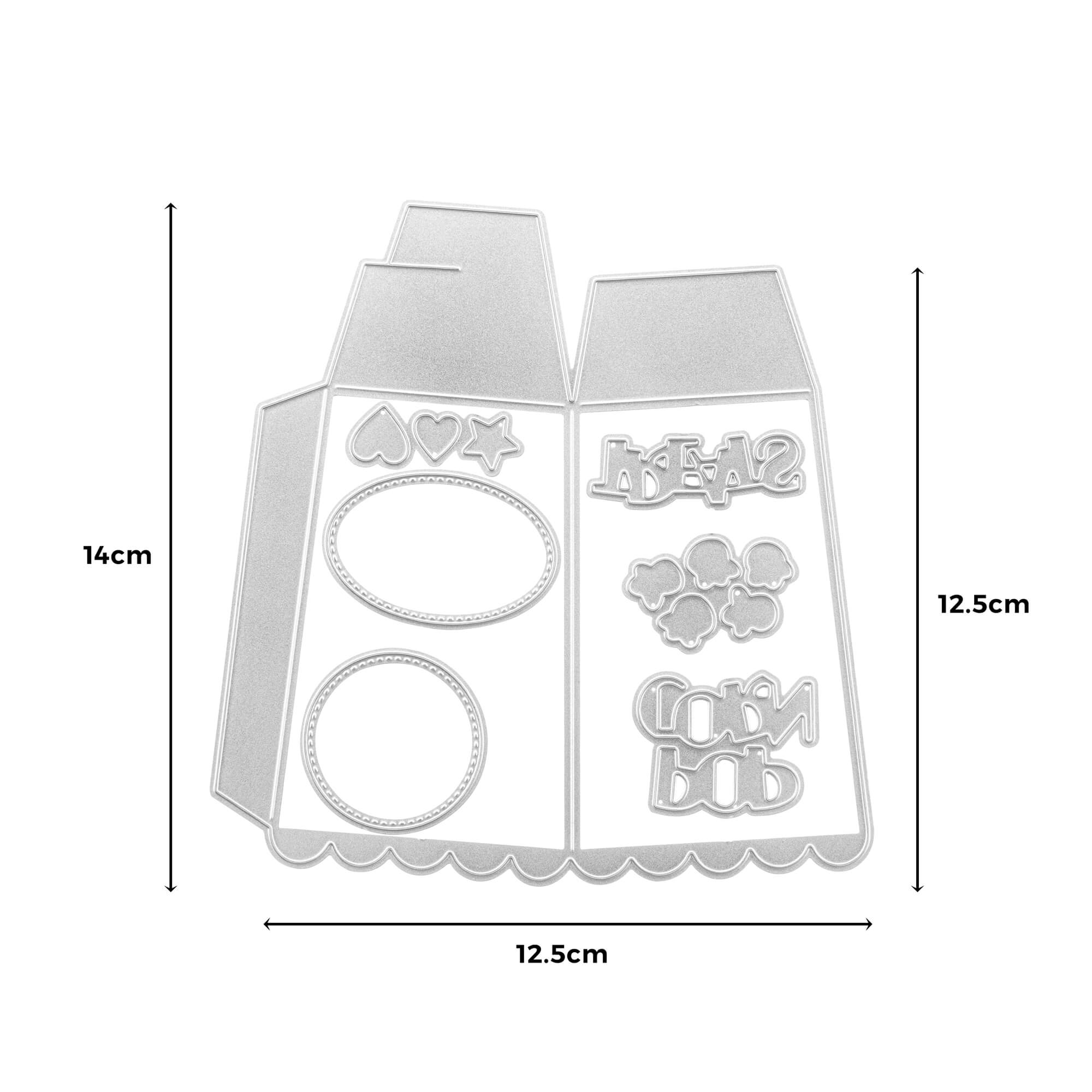 Die Stanzschablone Popcornschachtel von Stanzenshop.de ist ein Metallstanzenset mit Herz-, Stern-, Blumen- und Wortmotiven - ideal für Gastgeschenke Hochzeit. Größen: 14 x 12,5 cm & 12,5 x 12,5 cm; inklusive Messlinien.