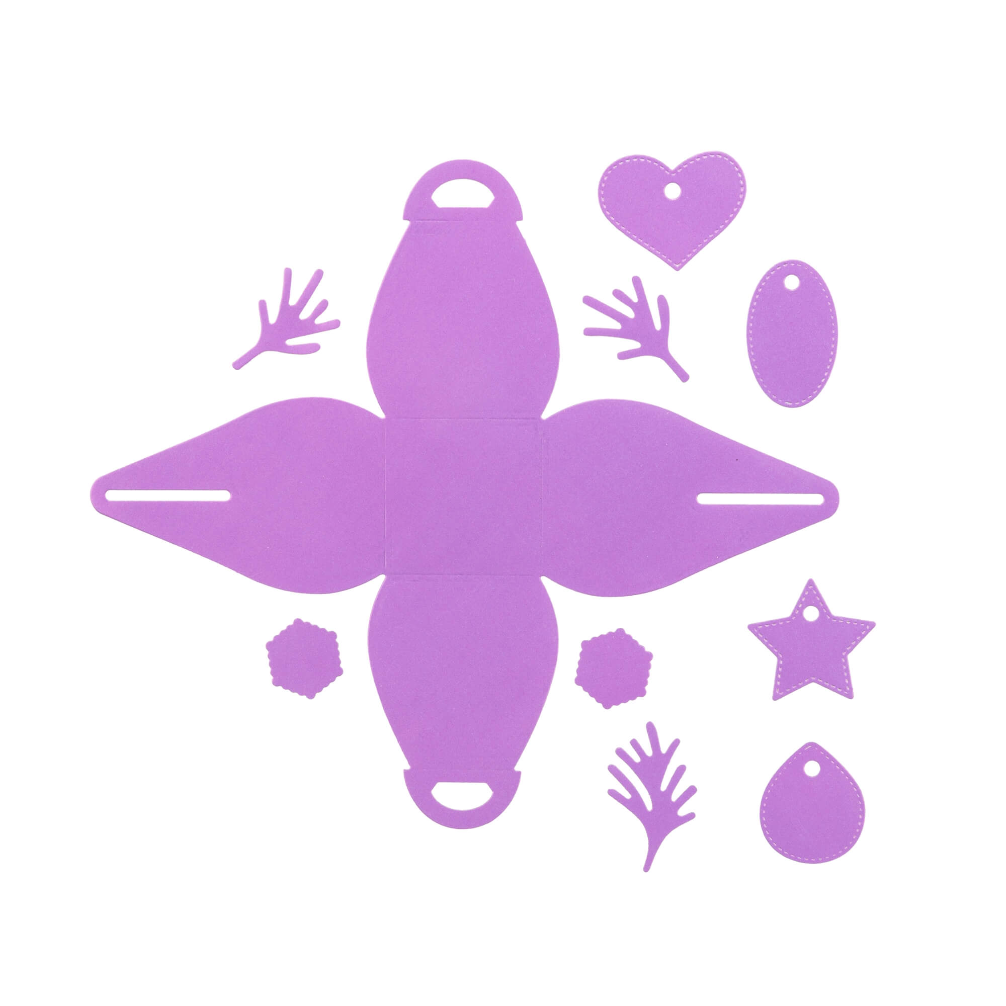 Flaches Layout von lila gestanzten Formen aus der Stanzschablone Schmuckkästchen von Stanzenshop.de, einschließlich einer Schachtelvorlage, zwei Händen, Ovalen, einem Herz, Stern und Sechsecken auf weißem Hintergrund.