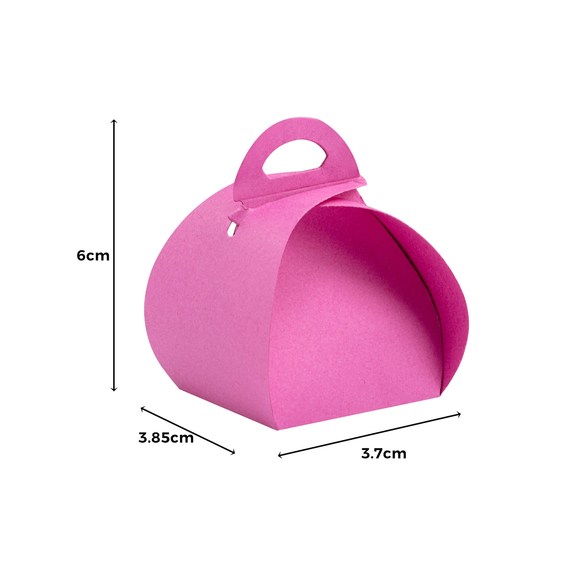 Eine rosa gebogene Stanzenshop.de Stanzschablone Schmuckkästchen Gastgeschenk Schachtel mit Henkel, 6 cm hoch, 3,85 cm breit und 3,7 cm tief. Ideal für kreative Geschenkpräsentationen; Maße mit Pfeilen dargestellt.