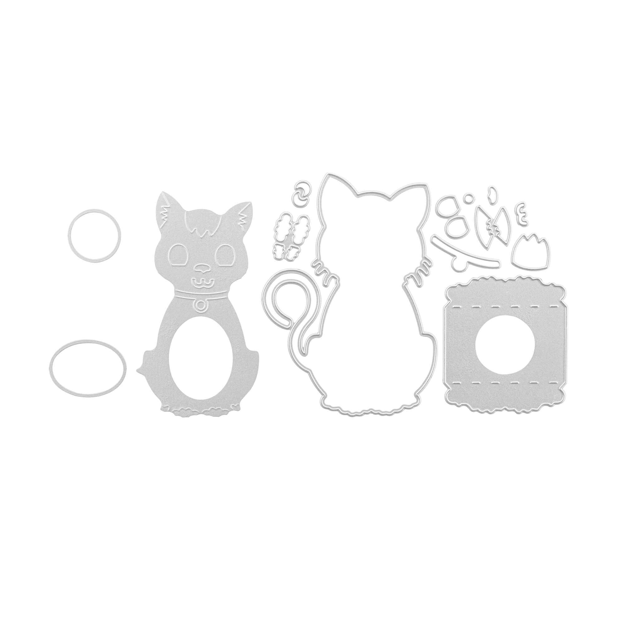 Das Stanzenshop.de Stanzschablone Aufsteller Katze Set enthält eine katzenförmige Stanze, Katzenmerkmale und ein Quadrat mit kreisförmigem Mittelpunkt auf weißem Hintergrund - perfekt für kreative Bastelprojekte und einzigartige Bastelarbeiten.