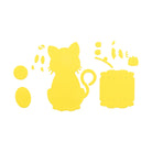 Gelbe Papierstücke zum Basteln, gestaltet mit der Stanzschablone Aufsteller Katze von Stanzenshop.de, flach angeordnet zu einem Katzenaufsteller und Zubehör, fertig zum Zusammenbauen.