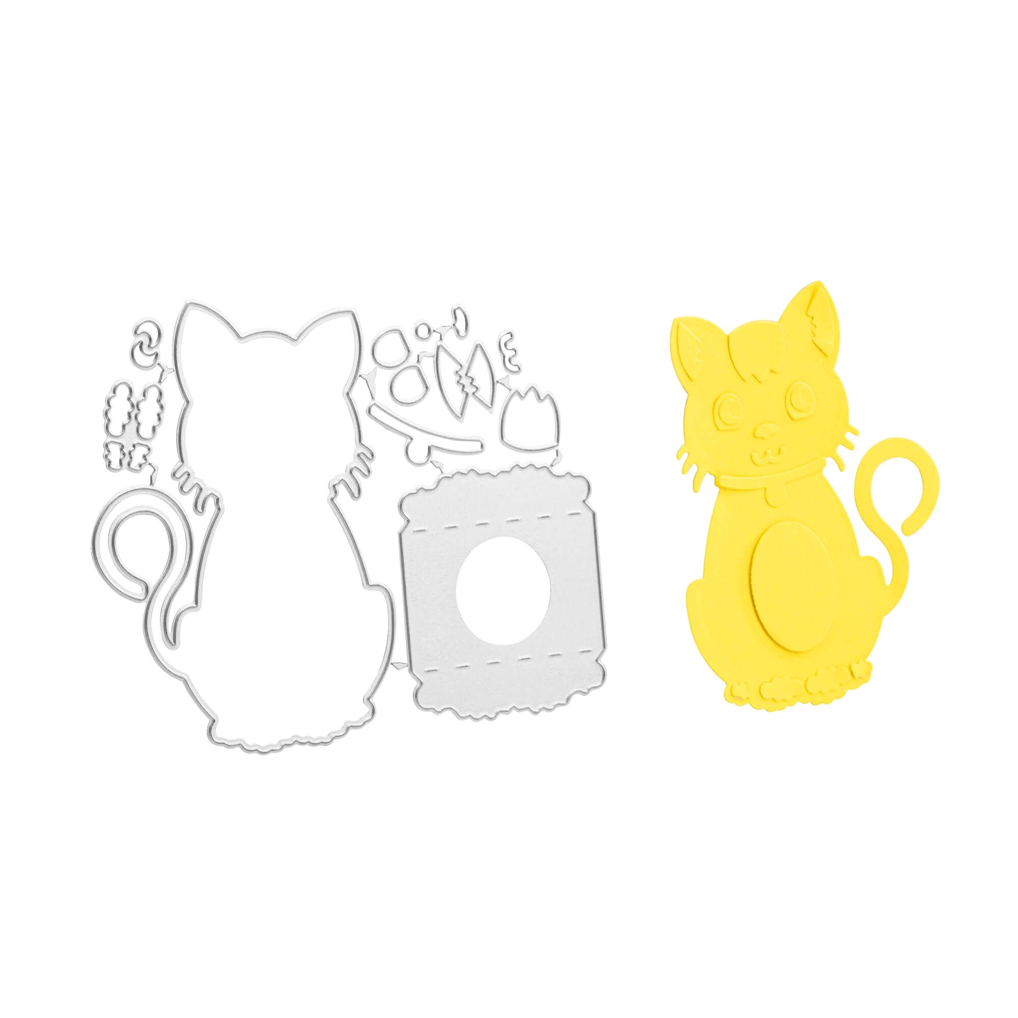 Das Stanzenshop.de Stanzschablone Aufsteller Katze Stanzenset enthält katzenförmige Metallstempel und Zubehör, hier mit einer fertigen gelben Papierkatze - ideal zum Basteln und für kreative Bastelprojekte.