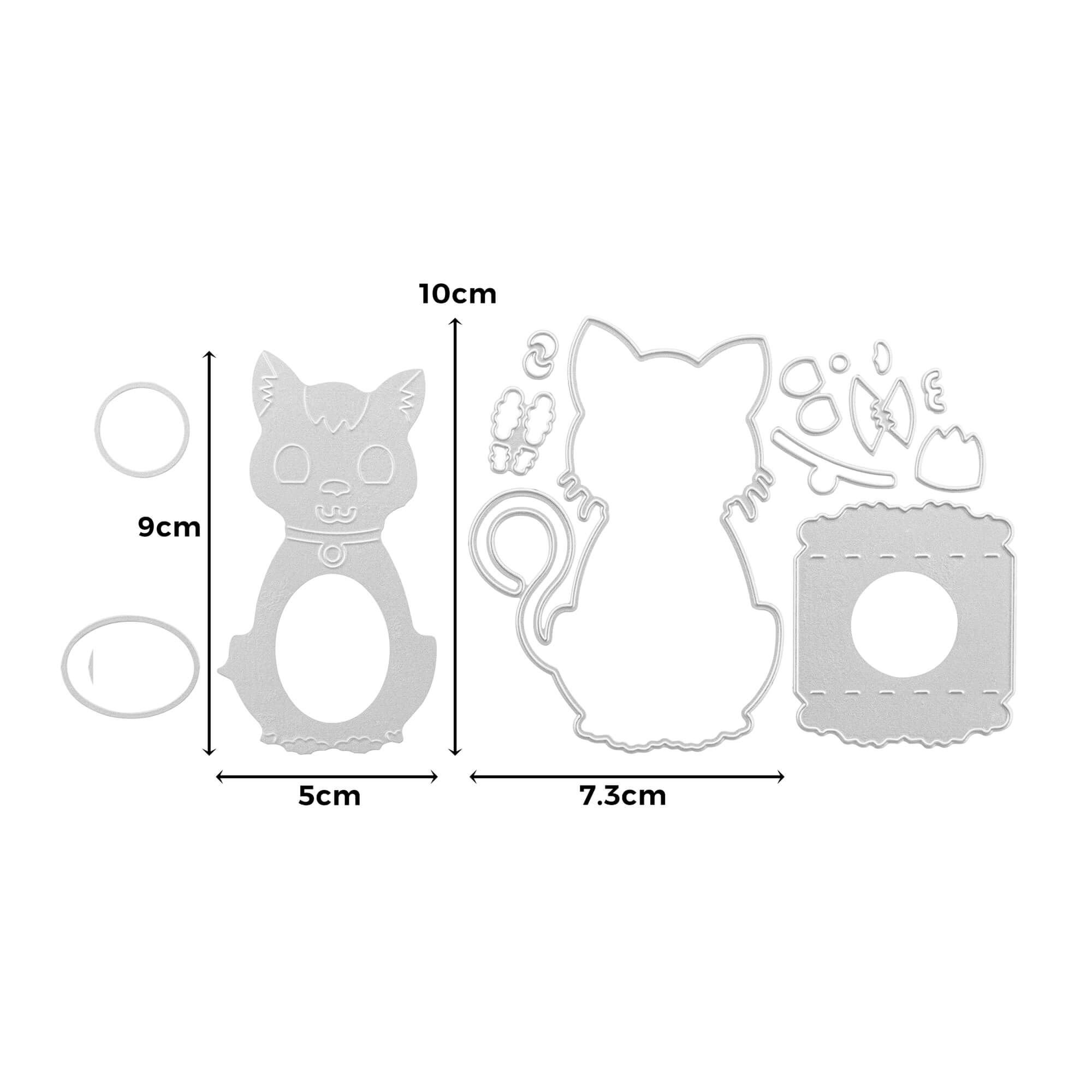 Die Stanzschablone Aufsteller Katze von Stanzenshop.de enthält Metall-Die-Cuts in Katzenform und Accessoires (10x5cm, 9x5cm, 7,3cm breit) - ideal für kreative Bastelprojekte!.