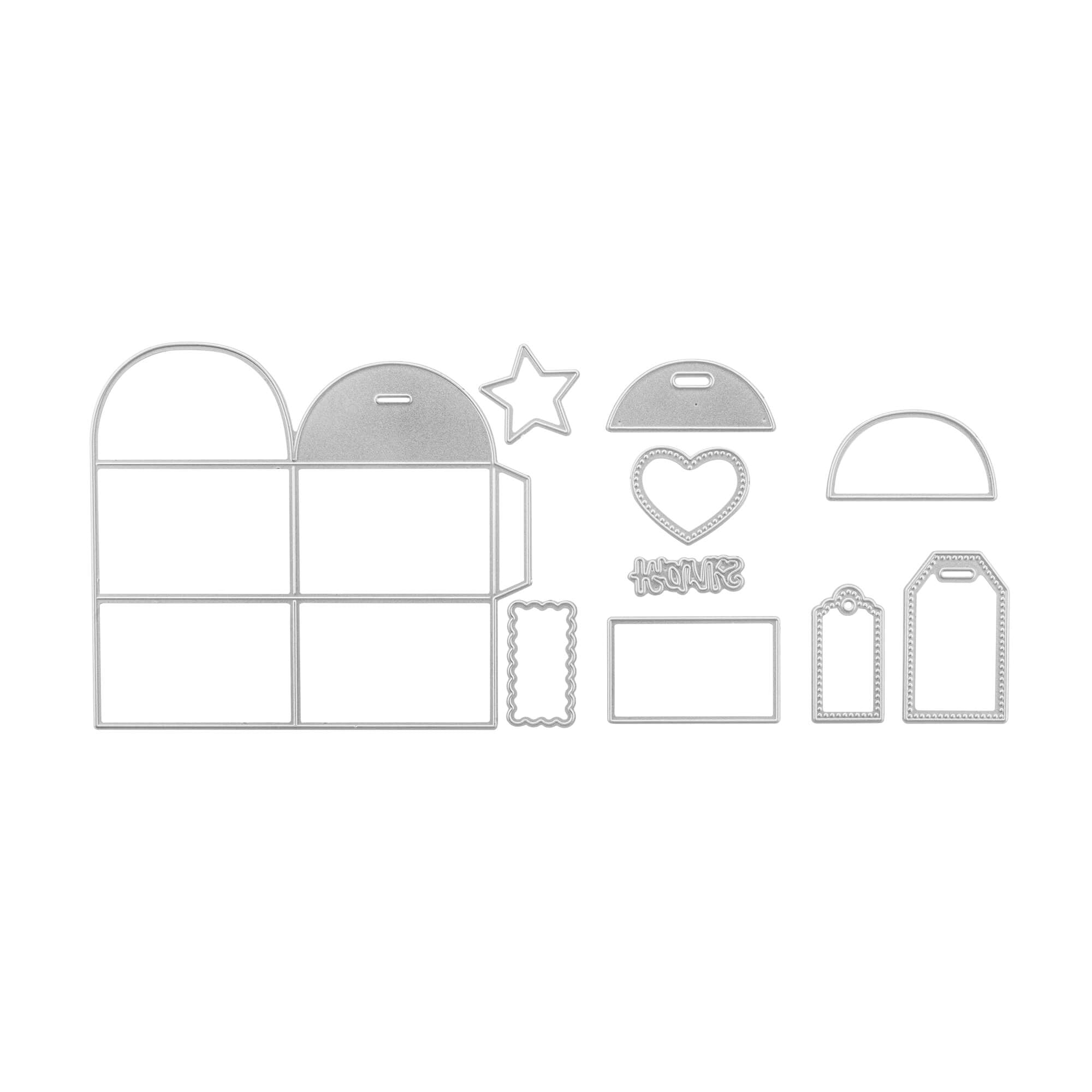 Die Stanzschablone Quadratische Schachtel mit Verzierungen von Stanzenshop.de enthält 12 Metallschablonen für Basteln, darunter Rechtecke, Anhänger, ein Herz, einen Stern, einen "Danke"-Text und ein quadratisches Schachtel-Design auf weißem Hintergrund.