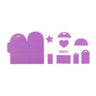 Die Stanzschablone Quadratische Schachtel mit Verzierungen von Stanzenshop.de enthält lilafarbene Ausschnitte für Basteln: eine quadratische Schachtel-Schablone, Geschenkanhänger, Stern, Herz, "Danke"-Ausschnitt und andere dekorative Formen.