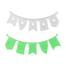 Mit der Stanzschablone Wimpelkette von Stanzenshop.de lassen sich zwei Girlanden mit je fünf Fähnchen - eine silberne, eine grüne - und je einem aufgestickten Stern herstellen, perfekt für Scrapbooking oder eine Geburtstagskarte.