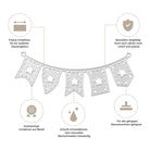 Diagramm der Stanzschablone Wimpelkette von Stanzenshop.de mit fünf auf Deutsch beschrifteten Merkmalen: präzise, langlebig, scharfe Schneidekante, hochwertiges Metall und maschinenkompatibel. Ideal für Scrapbooking!.