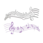 Zwei Notensysteme - eines in Silbermetallic, eines in Hellviolett - mit Noten und Violinschlüssel auf Weiß. Ideal für Scrapbooking oder zur Verwendung mit Ihrer Stanzschablone: Geschwungene Notenzeile von Stanzenshop.de.