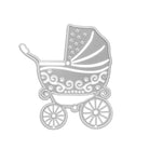 Die Stanzschablone: Kinderwagen von Stanzenshop.de zeigt einen silbernen Umriss eines alten Kinderwagens mit geschwungenen Details, Sternenakzenten auf dem Verdeck und dekorativen Rädern - ideal für Scrapbooking - auf weißem Hintergrund.