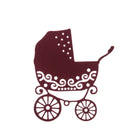 Die Stanzschablone: Kinderwagen von Stanzenshop.de zeigt einen Kinderwagen im Vintage-Stil mit verschlungenen Mustern und Sternenmotiven in tiefem Burgunderrot - ideal für Scrapbooking oder als einzigartiges Stanzmotiv.