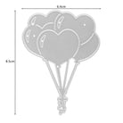 Die Stanzenshop.de Stanzschablone: Bund Luftballons in Herzform ist eine silberne Stanze mit den Maßen 8,5 x 6,4 cm - ideal als Geburtstagsstanze für kreative Projekte, mit einem herzförmigen Luftballonstrauß mit angedeuteten Maßlinien.
