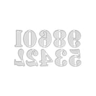 Das Stanzenshop.de Stanzschablone: Zahlen 0 - 9 Set zeigt Zahlenschablonen aus Metall von 0 bis 9, die auf dem Kopf stehend auf einem weißen Hintergrund angeordnet sind - ideal zum Basteln oder für Scrapbooking-Projekte.