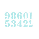 Hellblaue Stanzschablone: Zahlen 0 - 9 von Stanzenshop.de Die Zahlen 98601 und 53422 sind in zwei Reihen auf Weiß angeordnet, ideal zum Basteln oder Scrapbooking mit Stanzformen.