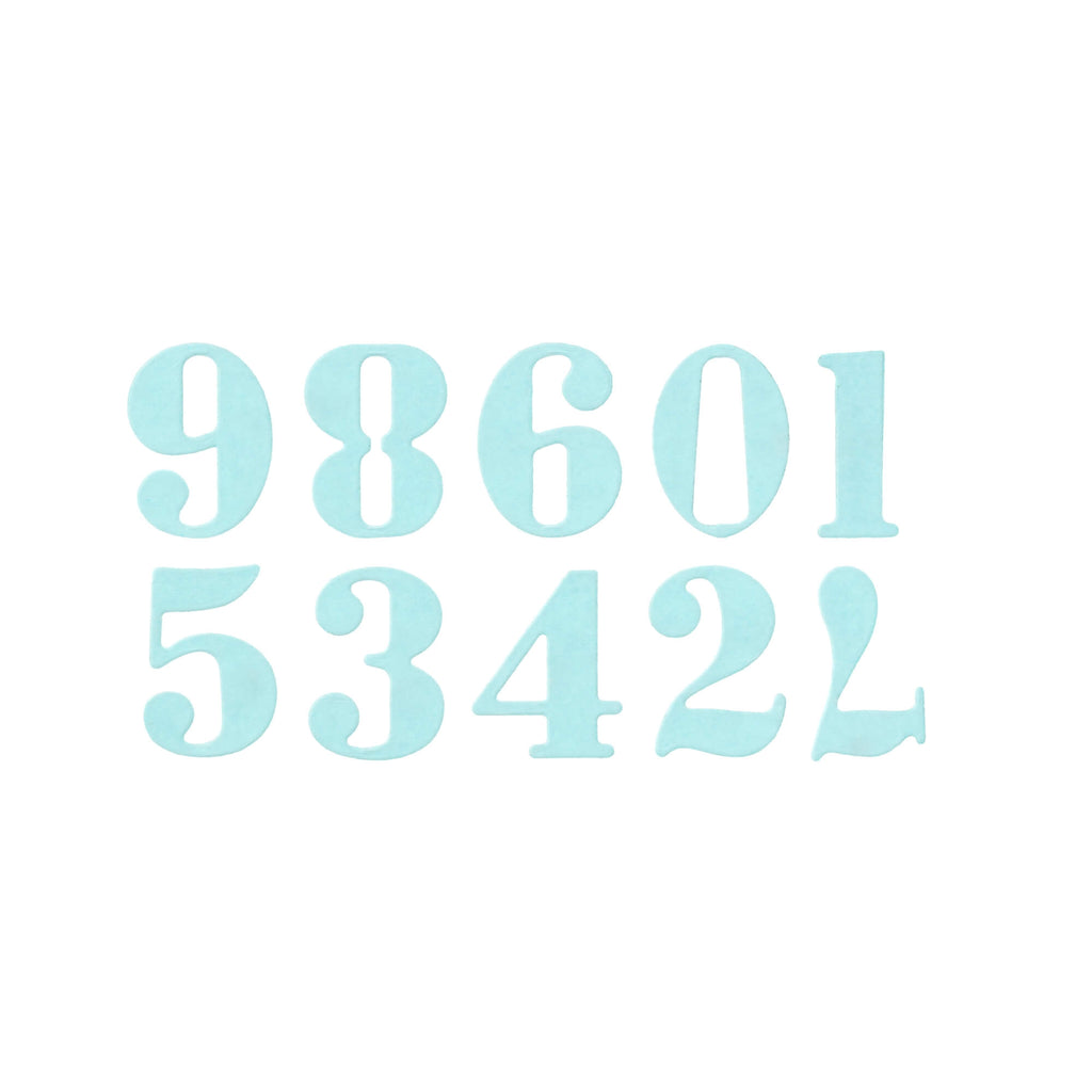 Verstreute blaue Ziffern auf weißem Hintergrund, ähnlich einer Stanzenschablone: Zahlen 0 - 9 von Stanzenshop.de.