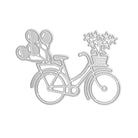 Gestalten Sie charmante Scrapbook-Kunst mit der "Stanzschablone Fahrrad mit Blumen" von Stanzenshop.de-eine Fahrradkontur mit Luftballons auf der Rückseite und floralen Akzenten auf der Vorderseite, ideal für einzigartige Bastelergebnisse.
