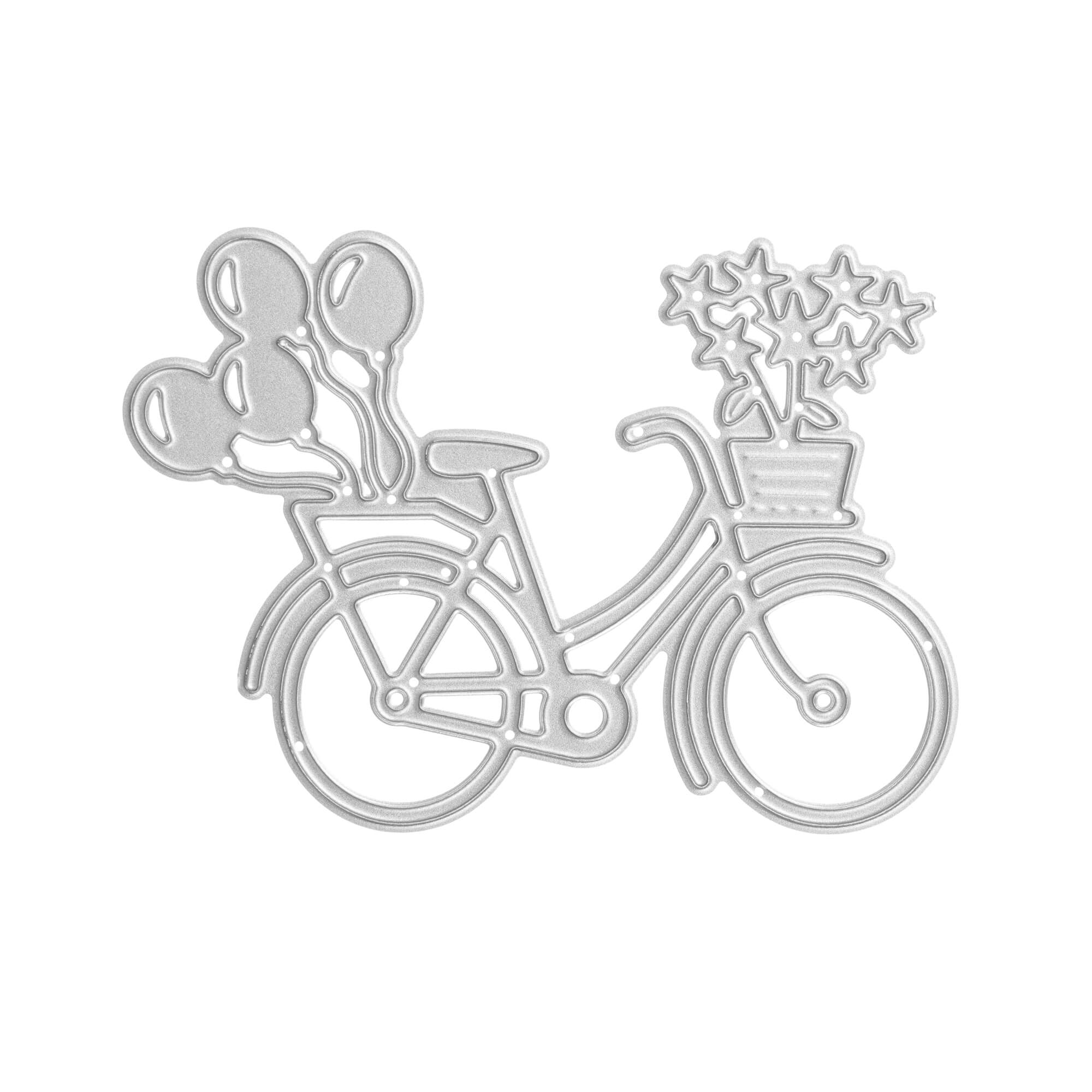 Gestalten Sie charmante Scrapbook-Kunst mit der "Stanzschablone Fahrrad mit Blumen" von Stanzenshop.de-eine Fahrradkontur mit Luftballons auf der Rückseite und floralen Akzenten auf der Vorderseite, ideal für einzigartige Bastelergebnisse.
