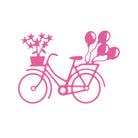 Die Stanzschablone Fahrrad mit Blumen von Stanzenshop.de zeigt ein rosa umrandetes Fahrrad mit einem Blumenkorb und Luftballons, ideal als Bastelergebnis für Scrapbooking oder in Kombination mit Ihrem Lieblings-Stanzwerkzeug auf weißem Hintergrund.