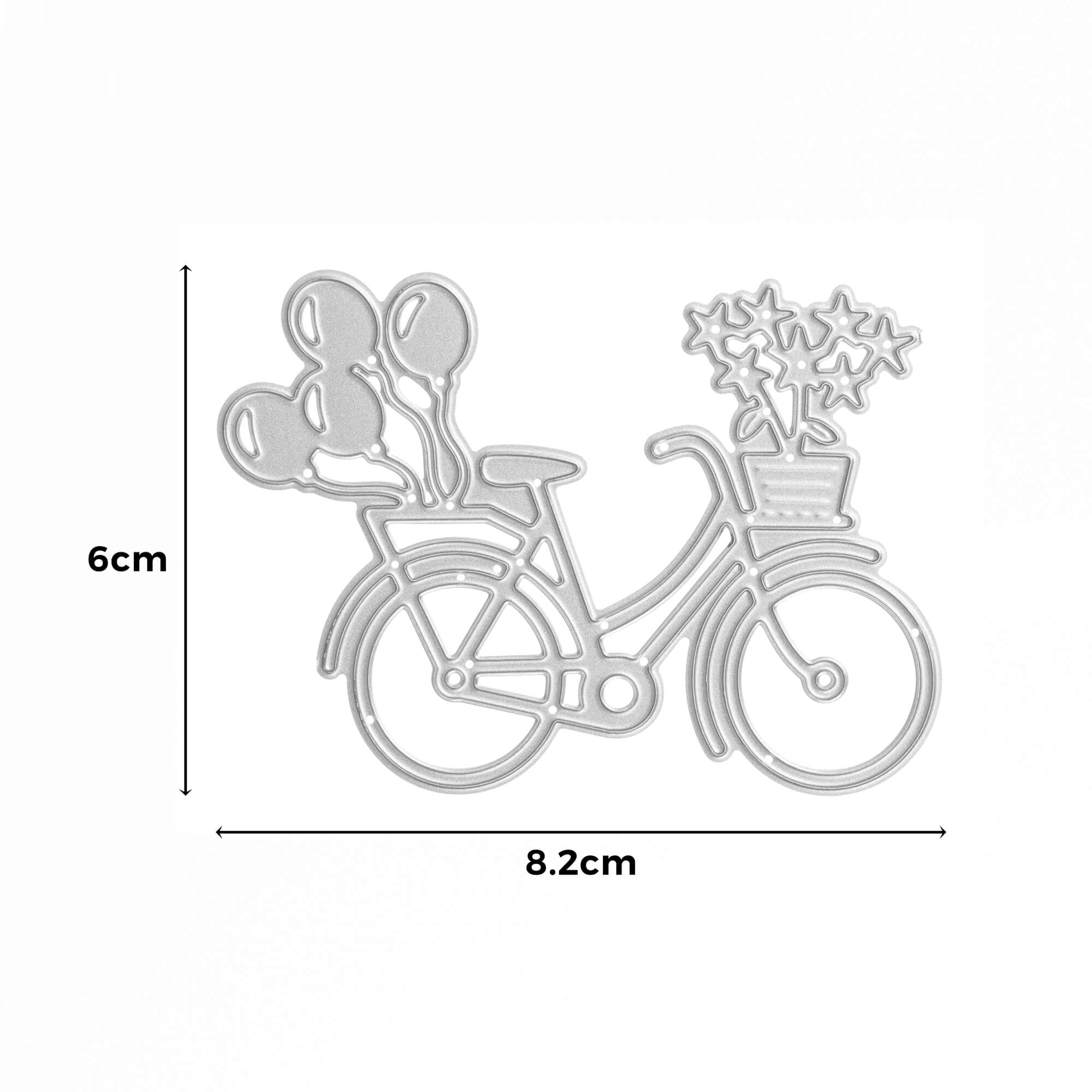 Die Stanzschablone Fahrrad mit Blumen von Stanzenshop.de ist eine silberne Metallstanze in Form eines Fahrrads mit Luftballons und sternförmigen Blumen, ideal für Scrapbooking oder Basteln. Größe: 6 cm x 8,2 cm.