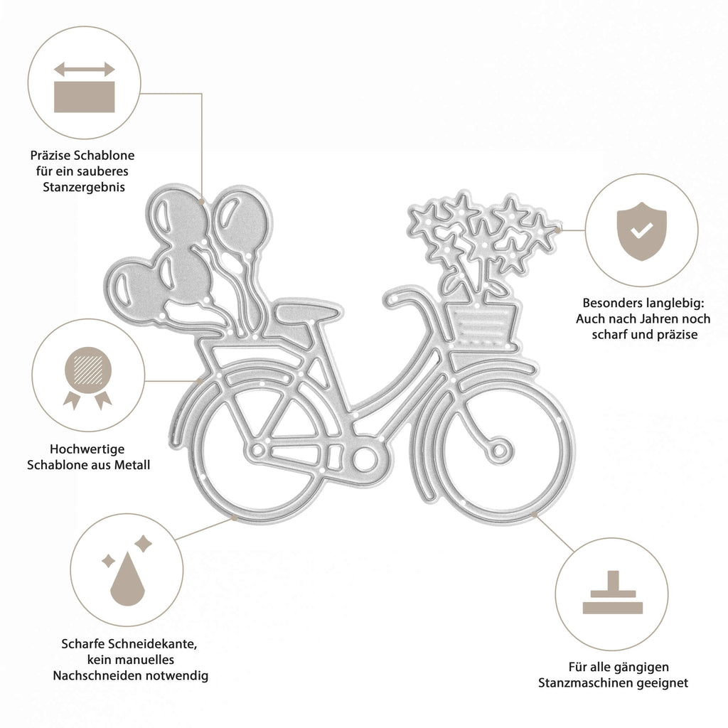Beschreibung: Illustration, die die Funktionen eines Fahrrads mit Blumen Stanzschablone von Stanzenshop.de zeigt, welche ihre Präzision, Langlebigkeit und Kompatibilität.