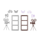 Die Stanzschablone Kamera und Filmset von Stanzenshop.de bietet Metall- und Papierausschnitte von alten Kameras, Filmstreifen, Fahrrädern und Schmetterlingen - ideal für Scrapbooking oder Basteln auf weißem Hintergrund.