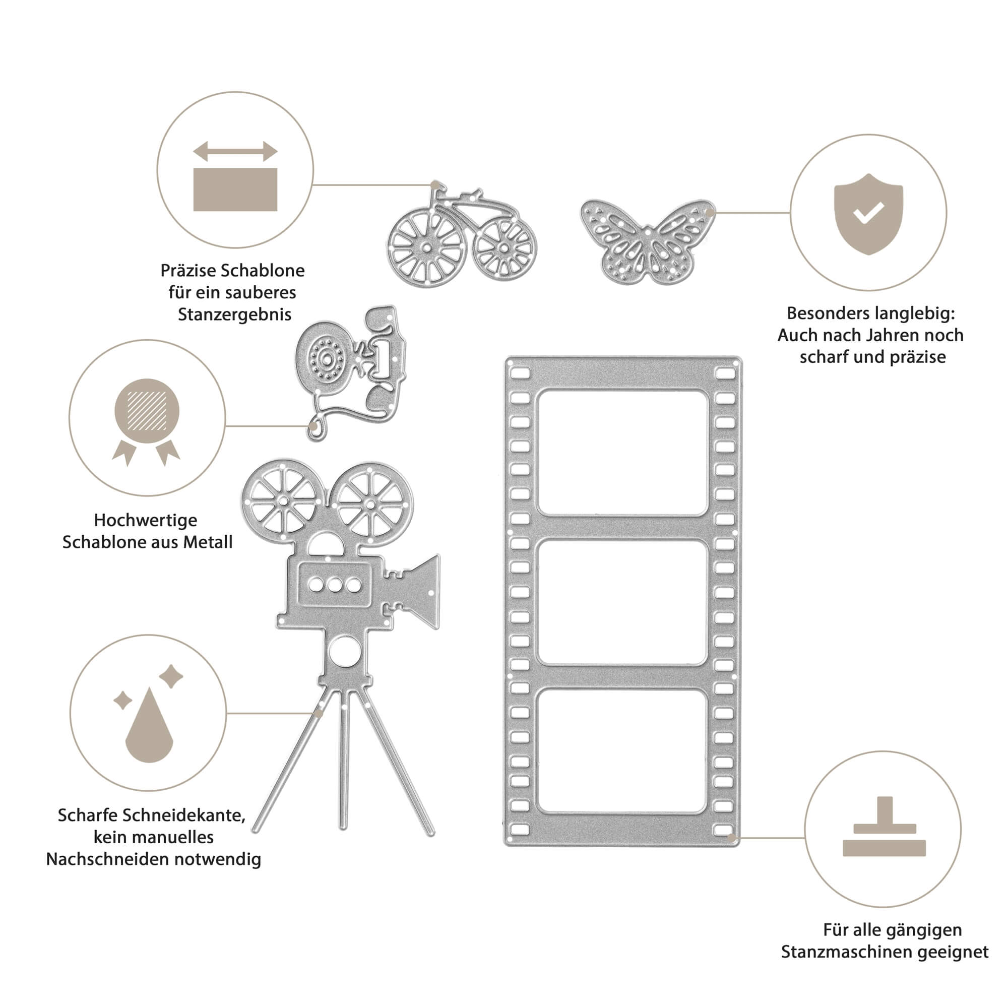 Das Stanzschablone Kamera und Filmset von Stanzenshop.de enthält robuste Metallschablonen in Form einer Kamera, eines Filmstreifens, eines Fahrrads und eines Schmetterlings - ideal zum Basteln oder Scrapbooking. Deutsche Texte und Icons zeigen kreative Einsatzmöglichkeiten auf.