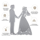 Die Stanzschablone Brautpaar von Stanzenshop.de: eine Metall-Stanzform mit Braut und Bräutigam Hand in Hand - ideal für kreative Hochzeitskarten und Einladungen, inklusive vier deutscher Icons zu den Produktmerkmalen.