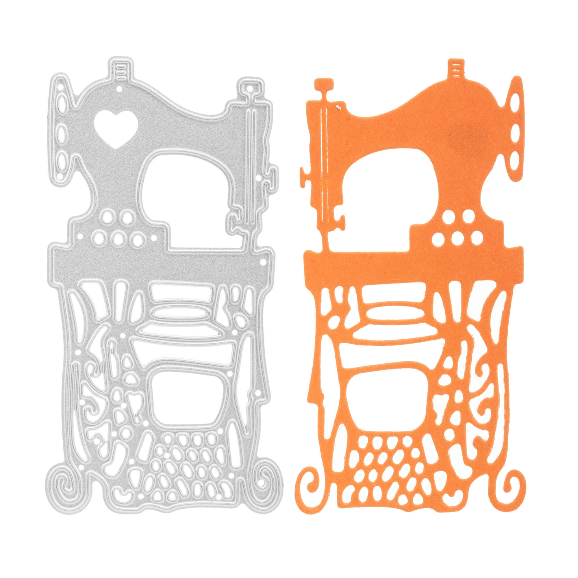 Zwei Stanzenshop.de "Stanzschablone Nähmaschine auf einem Tisch" - eine silberne und eine orangefarbene - stehen nebeneinander auf weißem Hintergrund, ideal für Bastelprojekte.