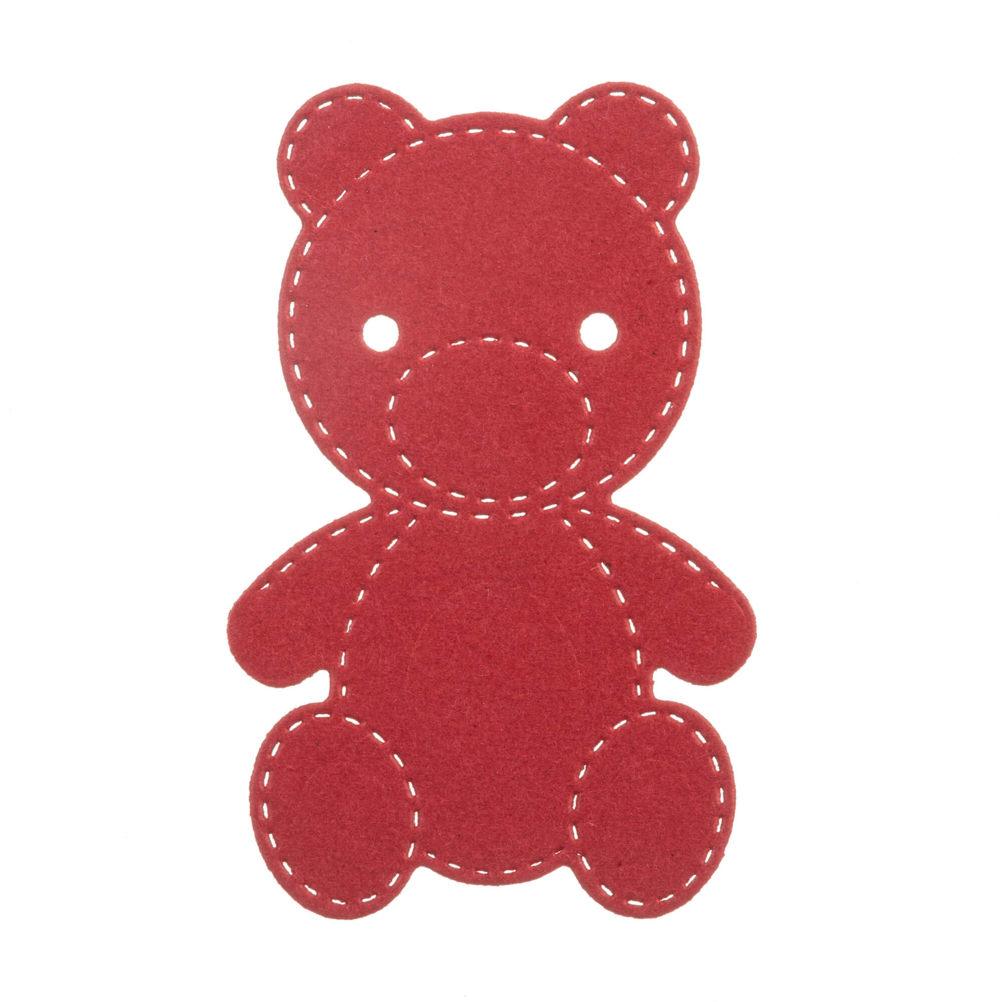 Die Stanzschablone Teddybär von Stanzenshop.de ist ein roter Filz-Teddybär zum Ausschneiden mit abgesteppten Rändern und Augenlöchern - ideal für Basteln oder Scrapbooking-Projekte, abgebildet auf einem weißen Hintergrund.