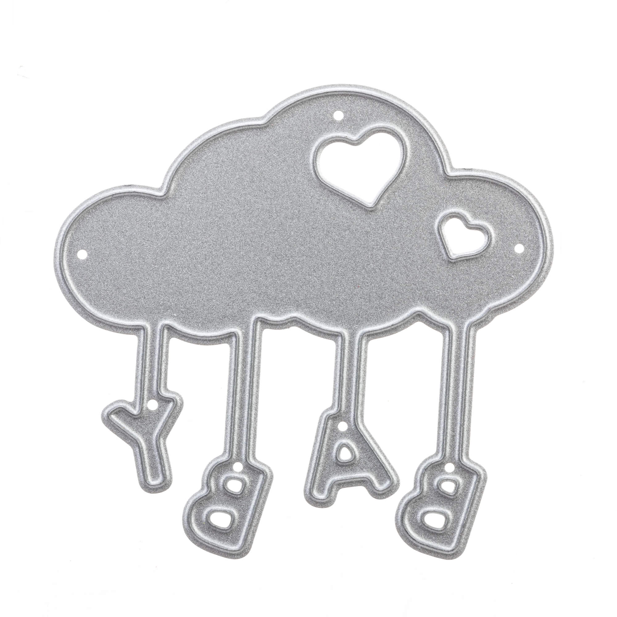 Die Stanzschablone: Wolke mit Buchstaben "Baby" von Stanzenshop.de ist eine silberne Metallstanze in Form einer Wolke mit zwei Herzausschnitten und vier hängenden Buchstabenelementen mit der Aufschrift "BABY" - ideal für Scrapbooking oder Basteln.