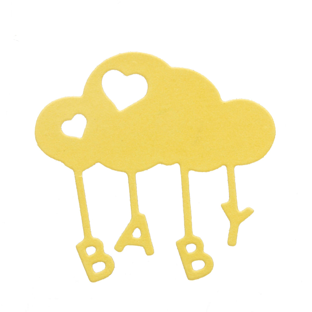 Gelbe Stanzenshop.de Wolke aus Stanzschablone mit herzförmigen Löchern und den Buchstaben „Baby“, die darunter hängen, als wären es.