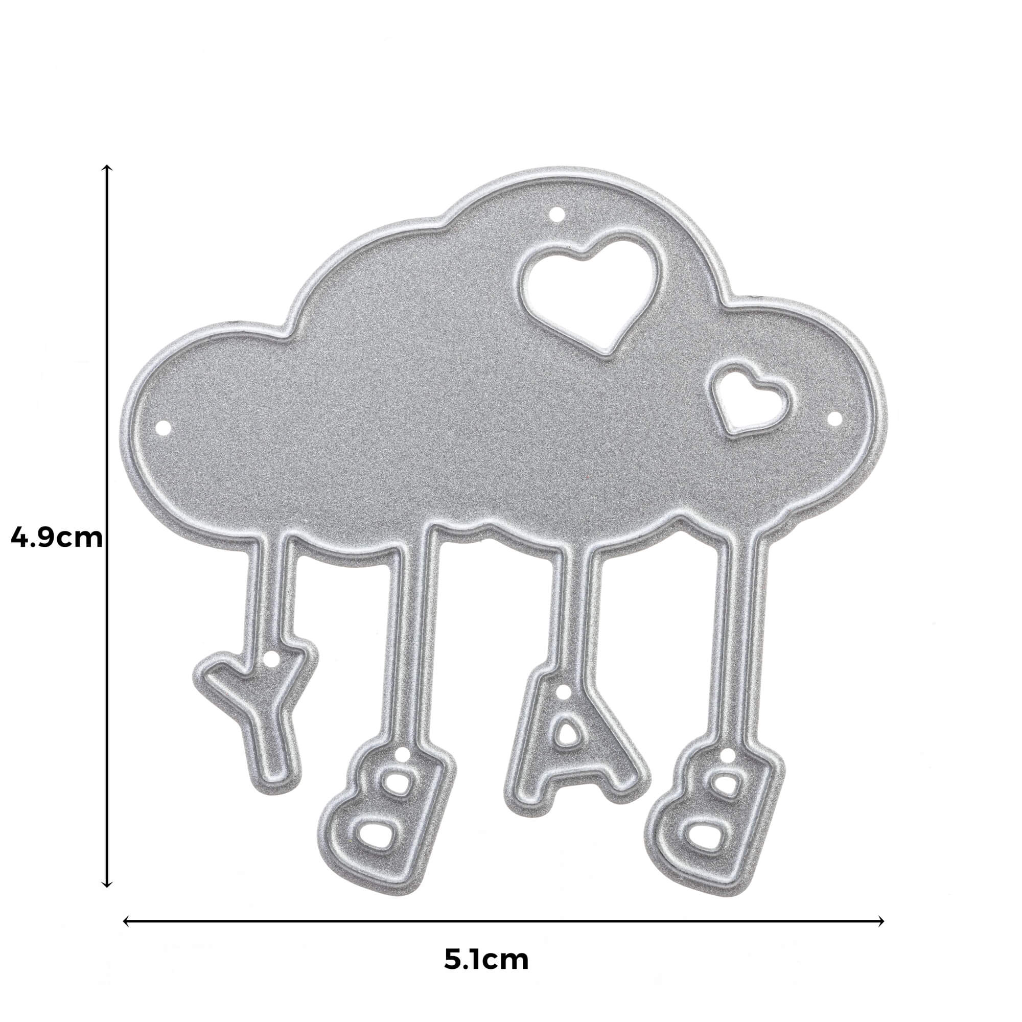 Die Stanzenshop.de Stanzschablone: Wolke mit Buchstaben "Baby" ist eine silberne wolkenförmige Metallstanze mit zwei Herzausschnitten und hängenden Buchstaben "B", "A", "B" und "Y". Ideal für Scrapbooking oder Bastelarbeiten. Größe: 4,9 x 5,1 cm.