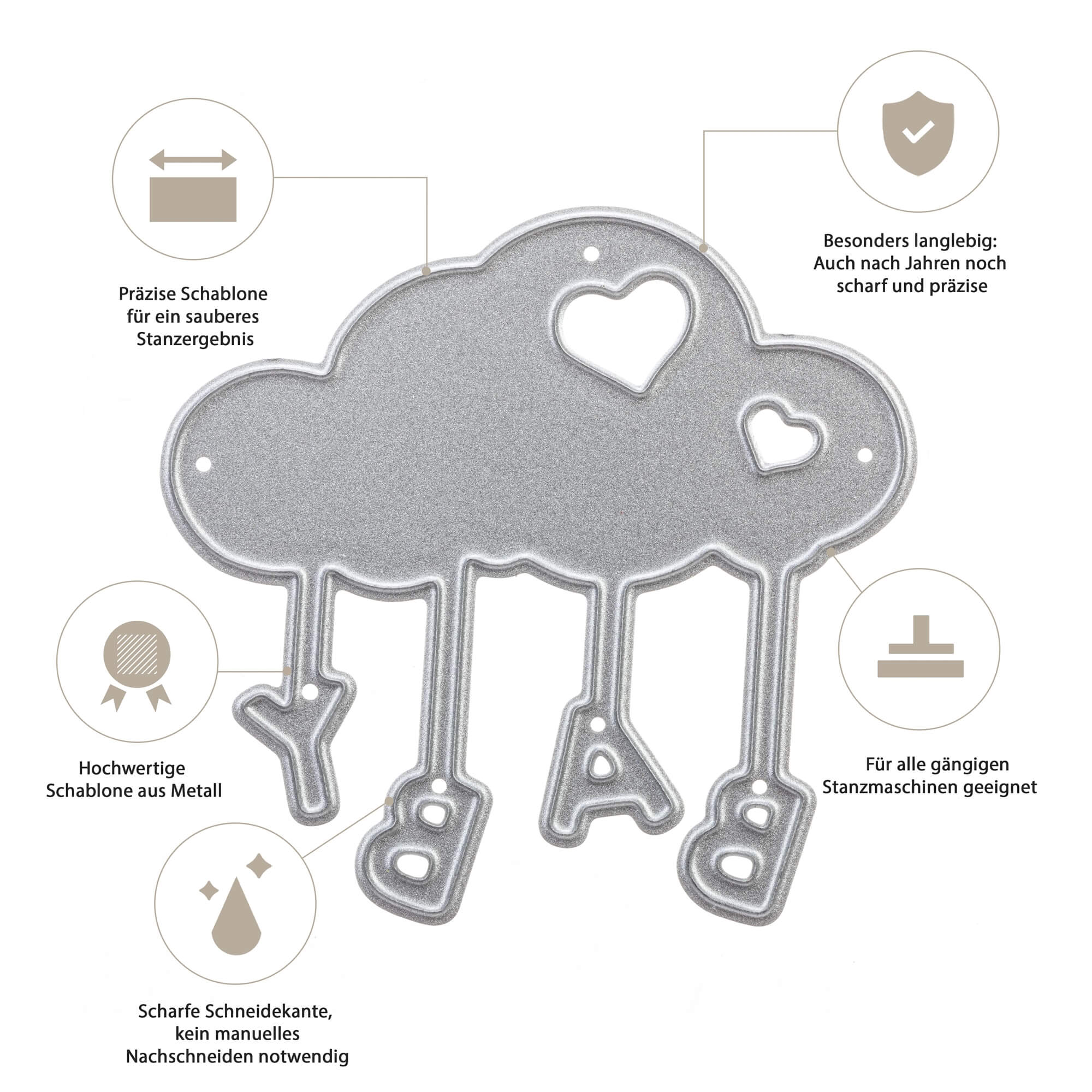 Die Stanzschablone "Wolke mit Buchstaben 'Baby'" von Stanzenshop.de ist eine wolkenförmige Metallstanze mit drei hängenden Buchstaben - ideal für Scrapbooking- und Bastelprojekte, mit hervorgehobenen deutschen Leistungen auf der Verpackung.