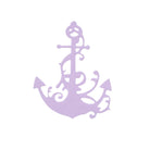 Die Stanzenshop.de "Stanzschablone Anker mit Verschnörkelung" ist eine lilafarbene Ankersilhouette mit detaillierten Aussparungen, ideal für Scrapbooking oder als dekorative Stanzschablone, abgebildet auf weißem Hintergrund.