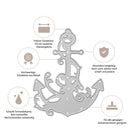 Die metallische "Stanzschablone Anker mit Verschnörkelung" von Stanzenshop.de ist mit deutschen Symbolen/Texten versehen, die die hohe Qualität, die dauerhafte Schärfe, die Kompatibilität mit Stanzmaschinen und die perfekte Verwendung für Scrapbooking hervorheben.