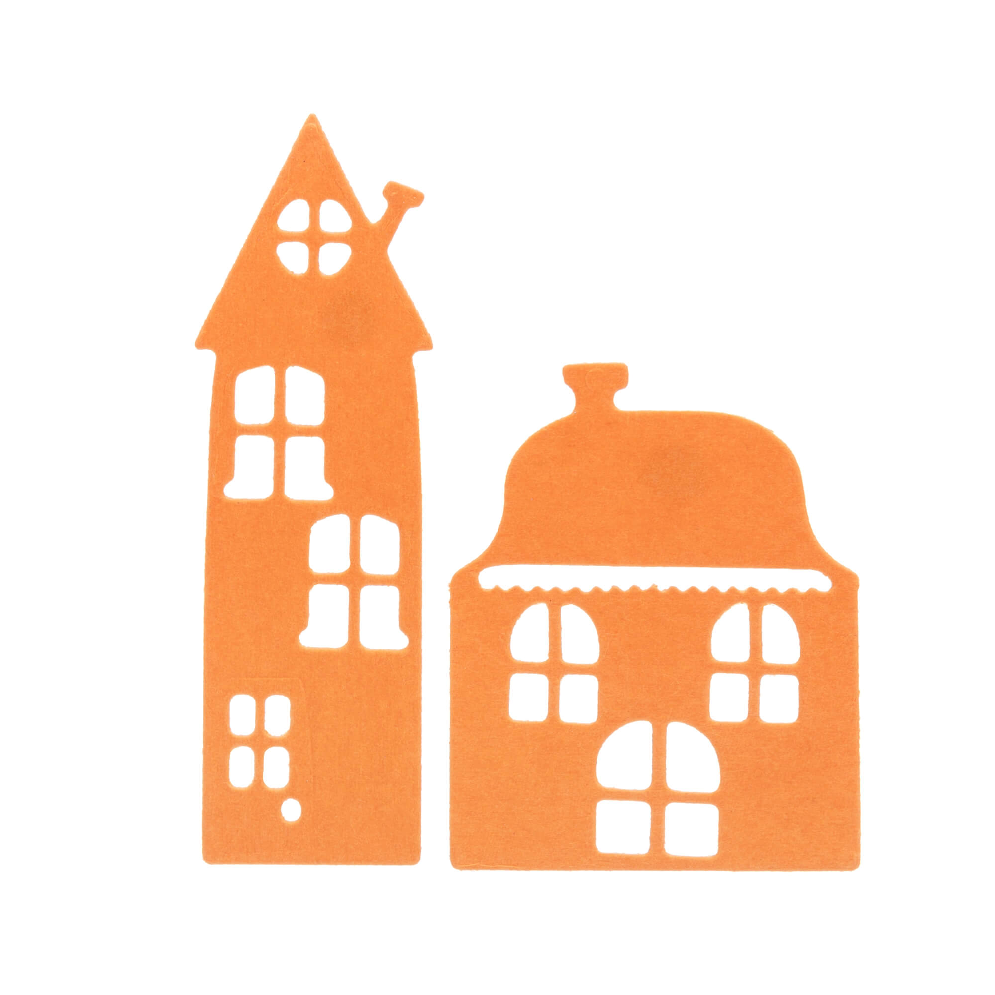 Zwei orangefarbene, stilisierte Papierhäuser mit Fenstern und Türen, hergestellt mit der "Stanzschablone: Zwei verschiedene Häuser" von Stanzenshop.de-ideale Inspiration für Ihr nächstes Bastelprojekt.