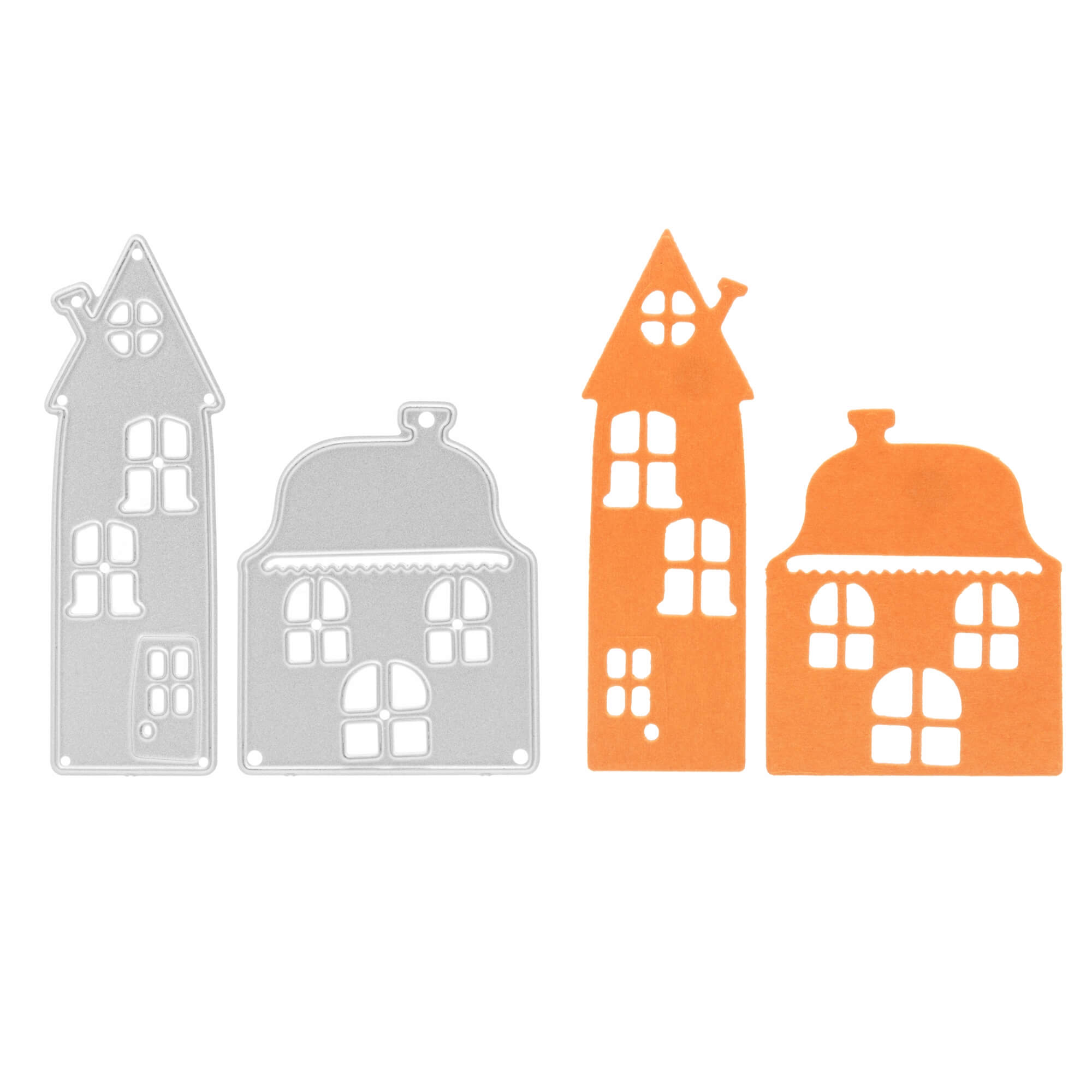 Zwei Metall "Stanzschablone: Zwei verschiedene Häuser" von Stanzenshop.de sind mit orangefarbenen Ausschnitten abgebildet, perfekt zum Basteln von großen und kleinen Häusern mit Fenstern und Türen mit Ihrer Lieblingsstanzmaschine.