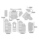 Die Stanzschablone Fünf verschiedene Häuser mit Zubehör von Stanzenshop.de bietet hausförmige Metallstanzformen mit Maßangaben in cm - ideal zum Basteln und Scrapbooking mit Ihrer bestehenden Stanzschablone-Kollektion.