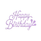Die Abbildung zeigt die "Stanzschablone Schriftzug Happy Birthday mit Luftballons" von Stanzenshop.de: ein lavendelfarbenes kursives "Happy Birthday" mit drei Luftballonmotiven, ideal zum Karten basteln oder als kreative Happy Birthday Stanze.