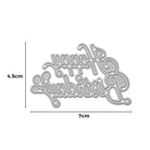 Die Stanzenshop.de Stanzschablone Schriftzug Happy Birthday mit Luftballons ist eine silberne Metallstanze (4,5 x 7 cm) für Karten basteln, abgebildet auf einem weißen Hintergrund mit beschrifteten Maßen.