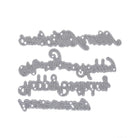 Vier silberne Stanzenschablonen von Stanzenshop.de mit kursiven Wörtern - Frohe Weihnachten, Happy Birthday, Anniversary, Happy Newyear - sind auf einem weißen Hintergrund angeordnet, ideal für Karten gestalten oder Basteln Weihnachten.