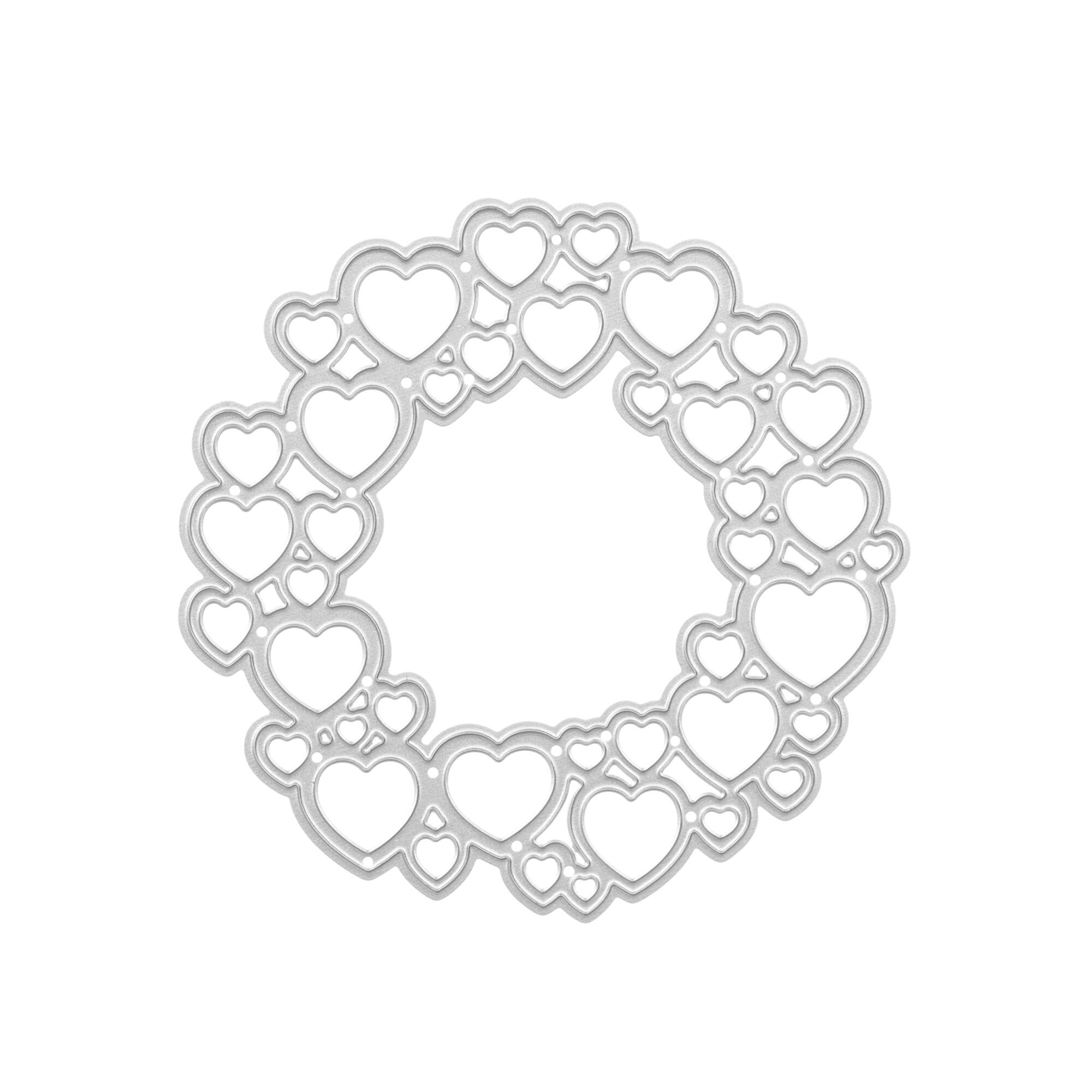 Die "Stanzschablone Kreis aus Herzen" von Stanzenshop.de zeigt einen kreisförmigen Kranz aus ineinander verschlungenen Herzen in verschiedenen Größen - ideal für Scrapbooking, Basteln und als süßes Stanzmotiv.
