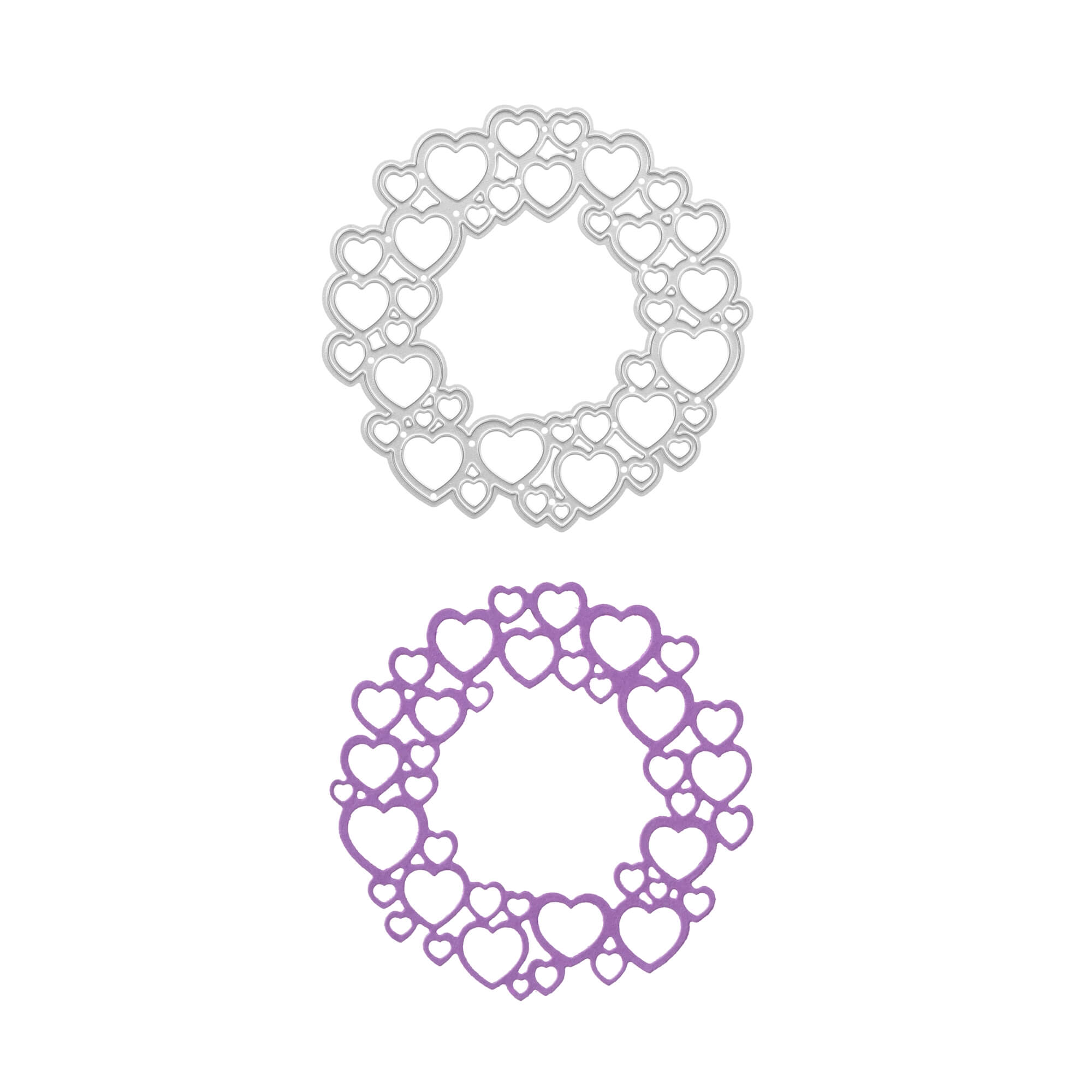 Die Stanzschablone Kreis aus Herzen von Stanzenshop.de zeigt zwei ineinandergreifende Herzkreise - einen silbernen und einen lila - ideal für Scrapbooking oder als einzigartiges Stanzmuster.