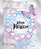 Eine pastellfarbene Karte mit Herzkranz und lilafarbenem Schmetterling, "Von Herzen" in Fettschrift, dazu "Für dich" auf einem kleinen Herz - gebastelt mit der Stanzschablone Kreis aus Herzen von Stanzenshop.de. Eine schöne Auswahl zum Basteln oder für Scrapbooking-Projekte.