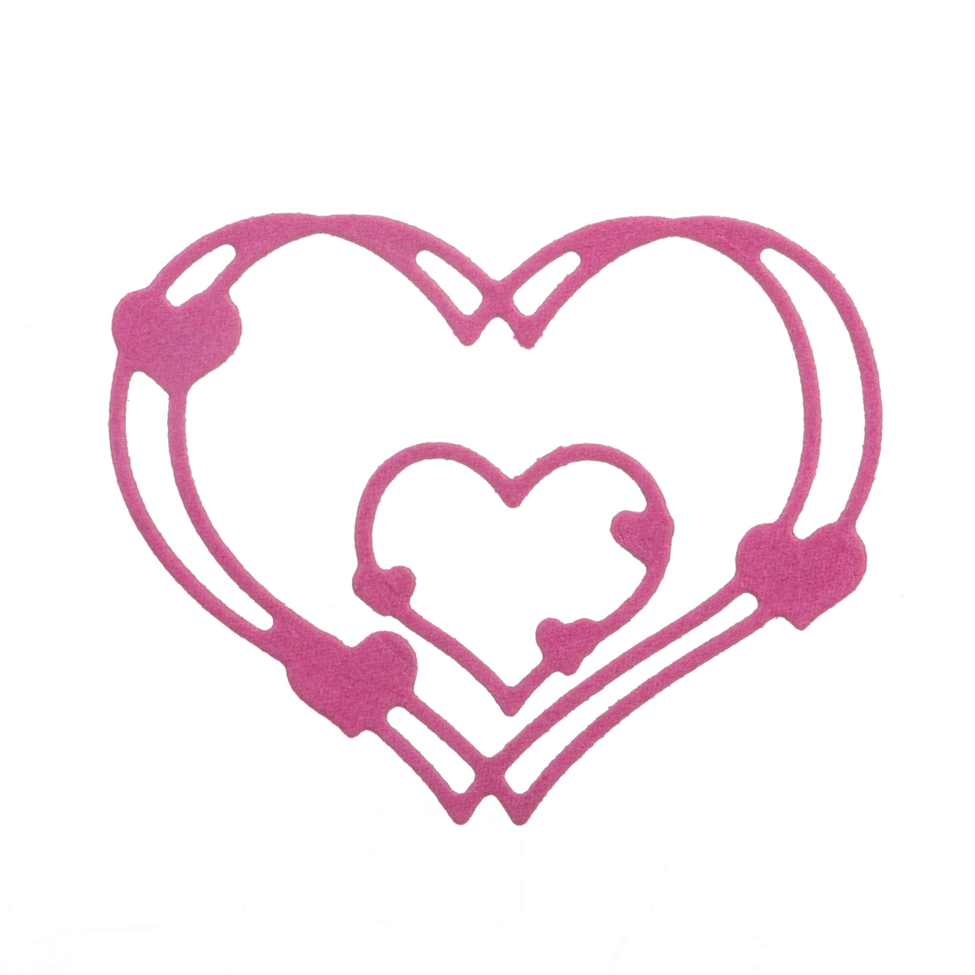 Ein rosafarbener Umriss von zwei ineinander verschachtelten Herzen mit abgerundeten abstrakten Akzenten, ideal für Basteln Karten mit der Stanzschablone: Herzkreise in zwei Größen von Stanzenshop.de, vor einem weißen Hintergrund.