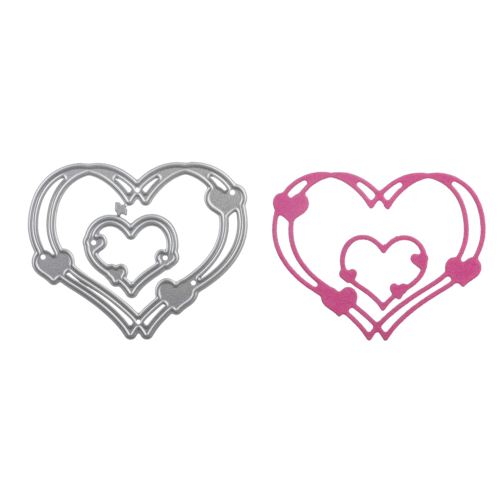 Die Stanzschablone "Herzkreise in zwei Größen" von Stanzenshop.de enthält Metallformen und passenden pinken Zuschnitt mit verschachtelten Herzen und Zierkreisen - kompatibel mit gängigen Maschinen, ideal fürs Kartenbasteln.