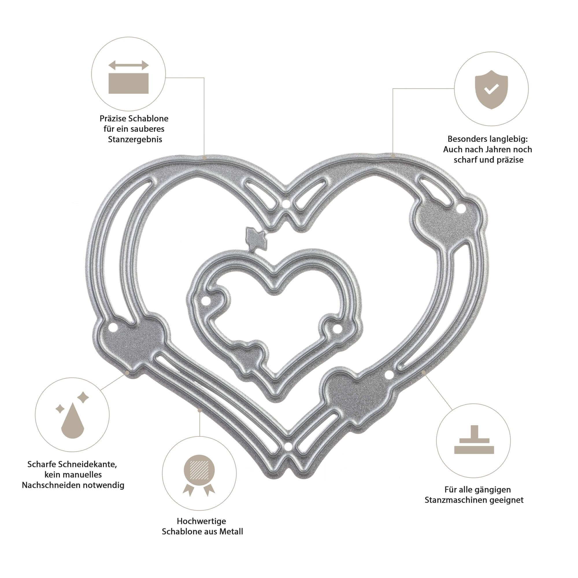Die Stanzschablone von Stanzenshop.de: Herzkreise in zwei Größen verfügt über ineinandergreifende Herzkreis-Stanzungen aus Metall, die sich durch Präzision und Haltbarkeit auszeichnen - perfekt für Bastelkarten und kompatibel mit den meisten gängigen Stanzmaschinen.
