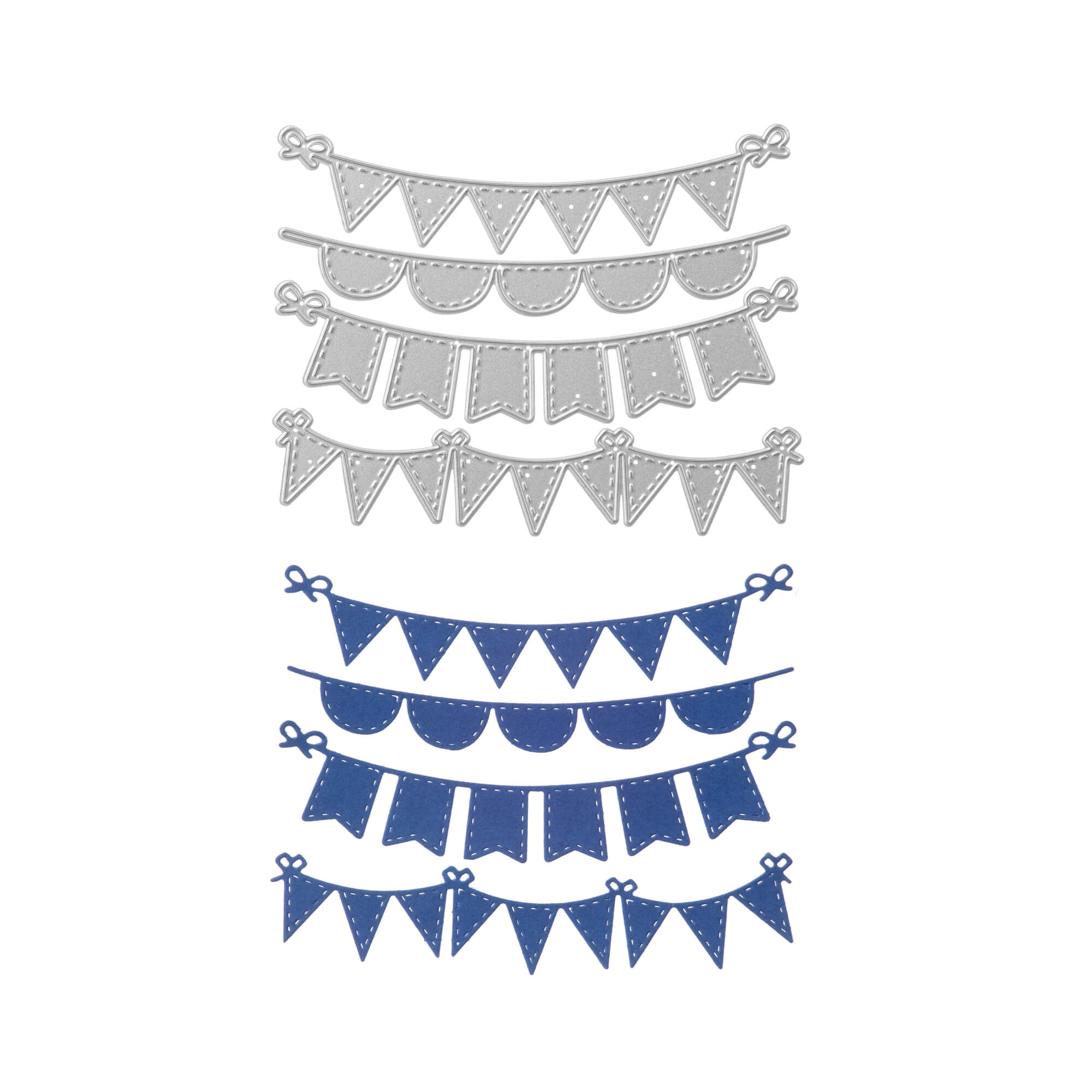 Abgebildet sind vier Stanzschablone Vier verschiedene Wimpelketten-Sets von Stanzenshop.de: zwei silberne und zwei dunkelblaue, jeweils mit einzigartigen Fahnenformen mit aufgestickten Details - ideal für Basteln oder Scrapbooking-Projekte.