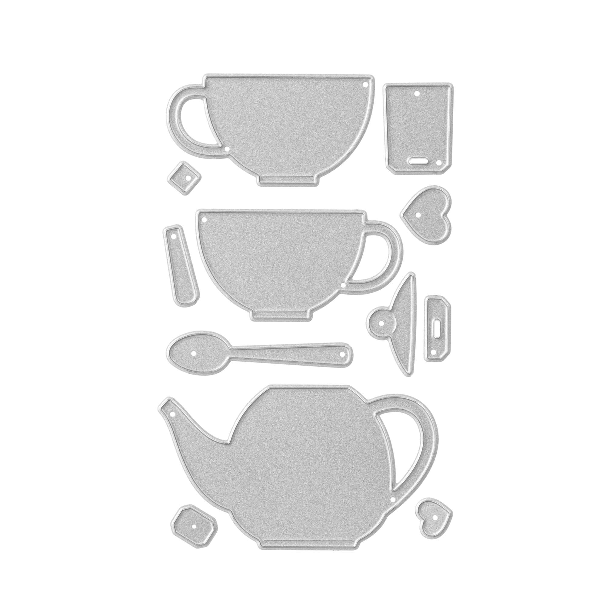 Die "Stanzschablone Teetassen und Teekanne" von Stanzenshop.de zeigt Teekanne, Tassen, Löffel, Teebeutel und kleine Accessoires - idealer Bastelbedarf für bezaubernde Tee-Motive auf weißem Hintergrund.